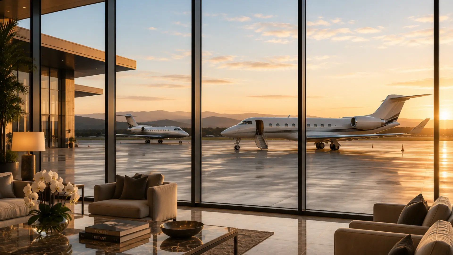Private aiport lounge overlooking two private jets on the tarmac at sunset